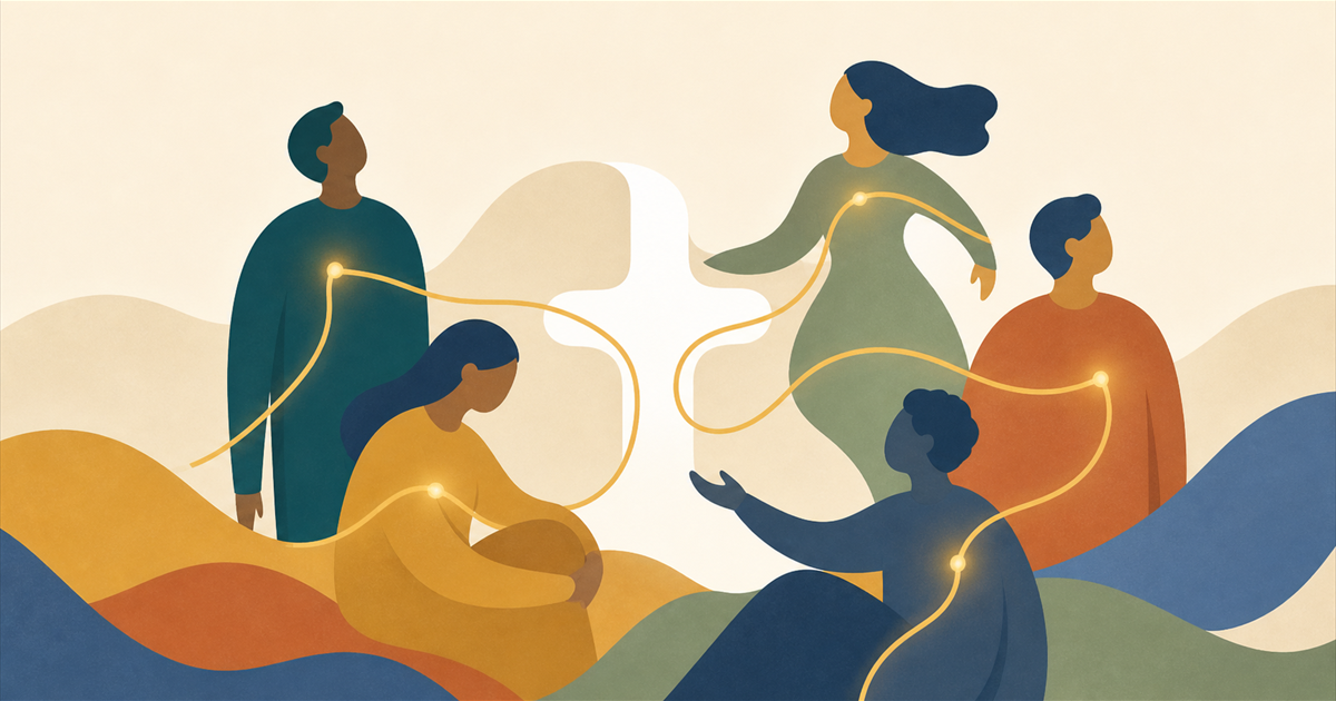 Five differently posed people connected by a gentle golden line around a cross-shaped opening, representing shared inward joy that is not inferred from outward expression